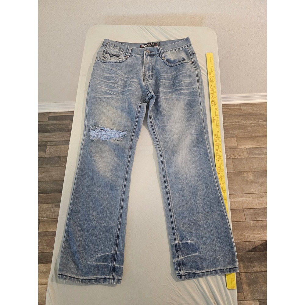Avirex Sky Kings Mens 30/30 Distressed Light Wash Straight Leg Blue Jeans